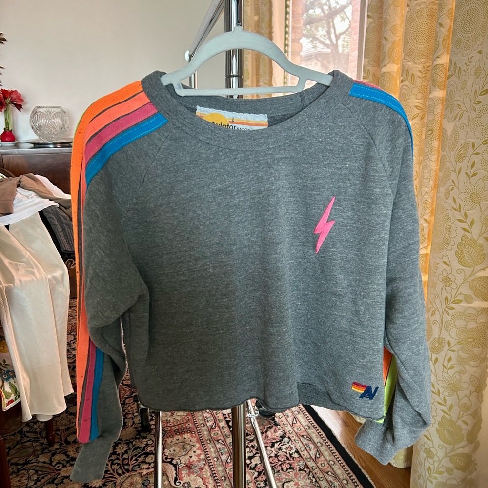 Aviator Nation | Bolt Cropped Classic Sweatshirt | Heather Grey & Neon Rainbow